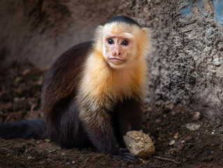 Naklejka premium A Capuchin Monkey sitting on the ground, holding a small rock, with a mischievous look in its eyes.