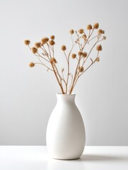 Dried Flowers in White Vase - Simple arrangement of dried flowers in a minimalist white vase against a light grey background. Perfect for home decor or interior design