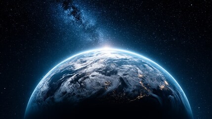 Obraz premium Earth From Space At Sunrise - Stunning view of planet Earth from space, bathed in the golden light of sunrise. Clouds swirl across the continents, city lights twinkle below