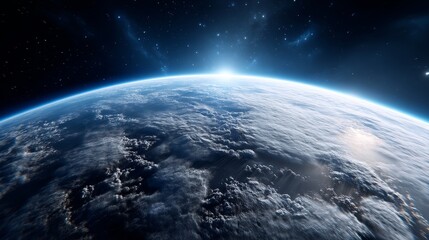 Fototapeta premium Earthrise Over the Horizon - Stunning view of Earth from space, showing a sunrise over the planet's horizon and swirling clouds