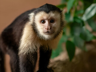 Obraz premium A Capuchin Monkey staring directly at the camera, its tail swinging in the air behind it.