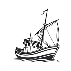 Silhouette of a vintage luxury Yacht, ship, fishing boat, black and white, white background, isolated on a vector illustration
