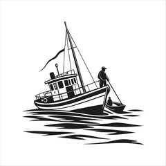 Silhouette of a vintage luxury Yacht, ship, fishing boat, black and white, white background, isolated on a vector illustration