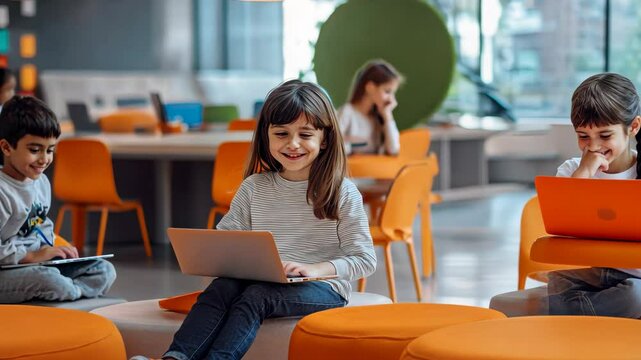 Kids enjoy collaborative learning with laptops in modern classroom setting