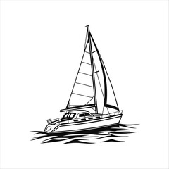 Silhouette of a vintage luxury Yacht, ship, fishing boat, black and white, white background, isolated on a vector illustration