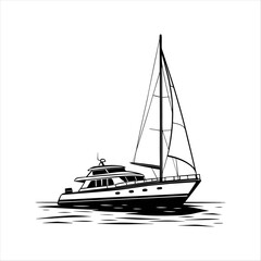 Silhouette of a vintage luxury Yacht, ship, fishing boat, black and white, white background, isolated on a vector illustration