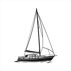 Silhouette of a vintage luxury Yacht, ship, fishing boat, black and white, white background, isolated on a vector illustration