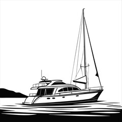 Silhouette of a vintage luxury Yacht, ship, fishing boat, black and white, white background, isolated on a vector illustration