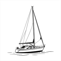 Silhouette of a vintage luxury Yacht, ship, fishing boat, black and white, white background, isolated on a vector illustration