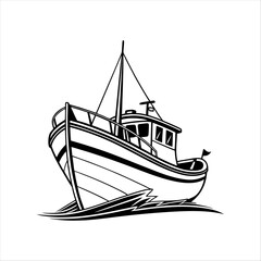 Silhouette of a vintage luxury Yacht, ship, fishing boat, black and white, white background, isolated on a vector illustration