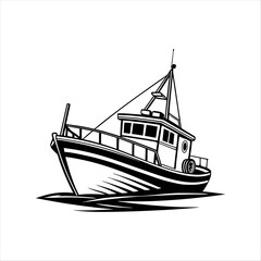 Silhouette of a vintage luxury Yacht, ship, fishing boat, black and white, white background, isolated on a vector illustration