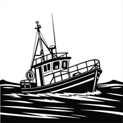 Silhouette of a vintage luxury Yacht, ship, fishing boat, black and white, white background, isolated on a vector illustration