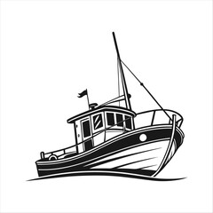 Silhouette of a vintage luxury Yacht, ship, fishing boat, black and white, white background, isolated on a vector illustration