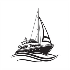Silhouette of a vintage luxury Yacht, ship, fishing boat, black and white, white background, isolated on a vector illustration