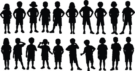 Minimalist Black Silhouettes of Children Standing in Casual Summer Poses Vector Illustration