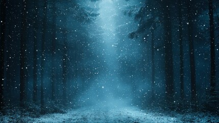 Snowy forest path with beam of light