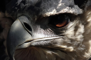A close-up shot of a Harpy Eagle's powerful beak and feathers, the sunlight illuminating the intricate details of its plumage.