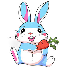 Cute Colorful Cartoon Bunny Holding Big Carrot in Pastel Colors with Happy Smile, Adorable Kawaii Animal, Digital Art Character, Fantasy Bunny Illustration for Kids and Nursery Clipart PNG