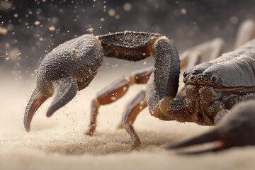 A close-up shot of a scorpions pincers as it defends itself, captured with great focus on the movement and sand particles flying in the air.