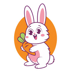 Cute Colorful Cartoon Bunny Holding Big Carrot in Pastel Colors with Happy Smile, Adorable Kawaii Animal, Digital Art Character, Fantasy Bunny Illustration for Kids and Nursery Clipart PNG
