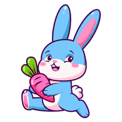 Cute Colorful Cartoon Bunny Holding Big Carrot in Pastel Colors with Happy Smile, Adorable Kawaii Animal, Digital Art Character, Fantasy Bunny Illustration for Kids and Nursery Clipart PNG