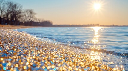 Obraz premium Sparkling pebbles line shore under a golden sunset