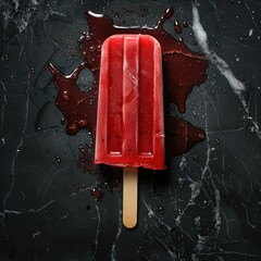 A single red popsicle melting on a black marble surface, with tiny droplets creating a vivid contrast.