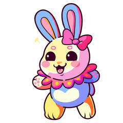 Cute Colorful Cartoon Bunny Holding Big Carrot in Pastel Colors with Happy Smile, Adorable Kawaii Animal, Digital Art Character, Fantasy Bunny Illustration for Kids and Nursery Clipart PNG
