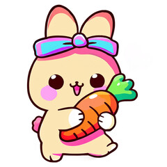 Obraz premium Cute Colorful Cartoon Bunny Holding Big Carrot in Pastel Colors with Happy Smile, Adorable Kawaii Animal, Digital Art Character, Fantasy Bunny Illustration for Kids and Nursery Clipart PNG 