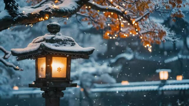 Snowy winter night lantern scene