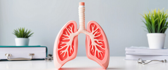 Anatomical lung model representing respiratory system on desk  