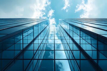 Modern glass skyscraper reaching for the sky reflecting clouds and light a symbol of ambition and progress architectural