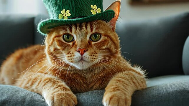 Curious cat in st. patrick's day hat relaxing on cozy couch with playful charm