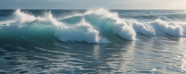 Obraz premium Sunlit ocean waves, white foam crests, abstract blue water texture, coastal, sea wave