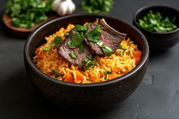 Delicious Beef-Topped Mexican Rice Bowl Garnished with Fresh Cilantro and Vegetables