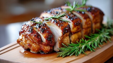Glazed Roasted Pork Loin with Rosemary - Juicy, flavorful glazed roasted pork loin, sliced and garnished with fresh rosemary. Represents deliciousness, celebration, comfort food, home-cooked meal