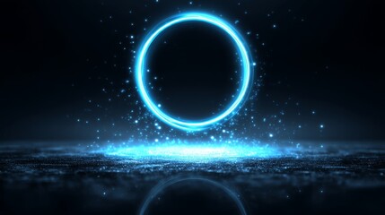 Fototapeta premium Glowing Blue Ring Futuristic Portal - Abstract art, futuristic technology, glowing circle, energy, portal, mystery