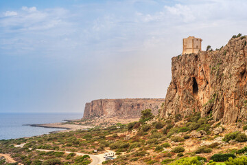 Panoramic view of Caletta del Bue Marino, San Vito Lo Capo,  Spiaggia di Isulidda, Trapani, Sicily, Italy. Dramatic clouds.