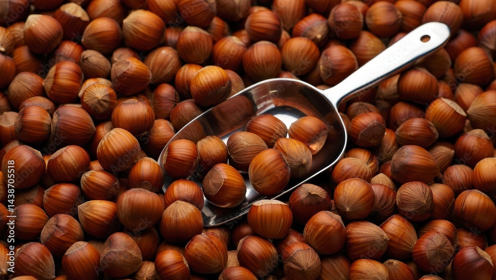 Poster a close-up view of whole nuts in a silver strainer.