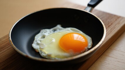 A fried egg in a pan on a wooden cutting board.