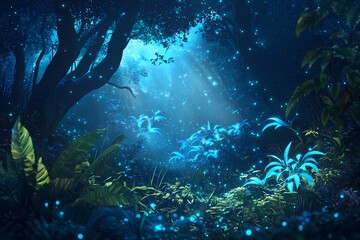Fototapeta premium Enchanting moonlit forest path glowing with bioluminescent plants and fireflies deep teal and blue hues mystical night