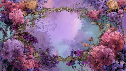 enchanted floral frame with mystical forest flowers, decorative scrollwork, fantasy nature vibe