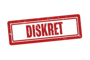 Diskret (Discreet) - A red stamp, isolated on white background.