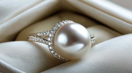 Pearl ring with small gems on white silk fabric