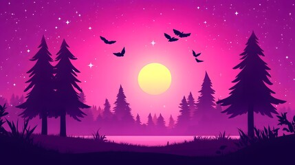 Naklejka premium Magical Pink Sunset Forest Landscape with Silhouetted Trees and Flying Bats