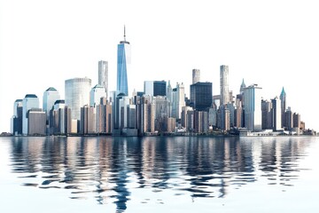 Cityscape reflected in water on white background on transparent background