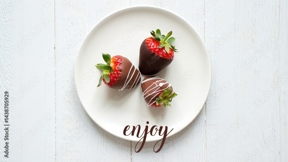 Poster a white plate holds two chocolate-covered strawberries, one on each side of the word enjoy written i