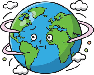 Cartoon Earth globe with orbiting rings and clouds in playful style vector illustration 