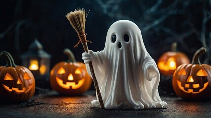A close-up shot of a cute Halloween ghost holding a tiny broomstick