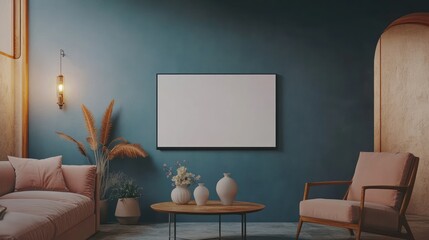 Modern living room, pink chairs, blank canvas, teal wall, arched doorway, home decor